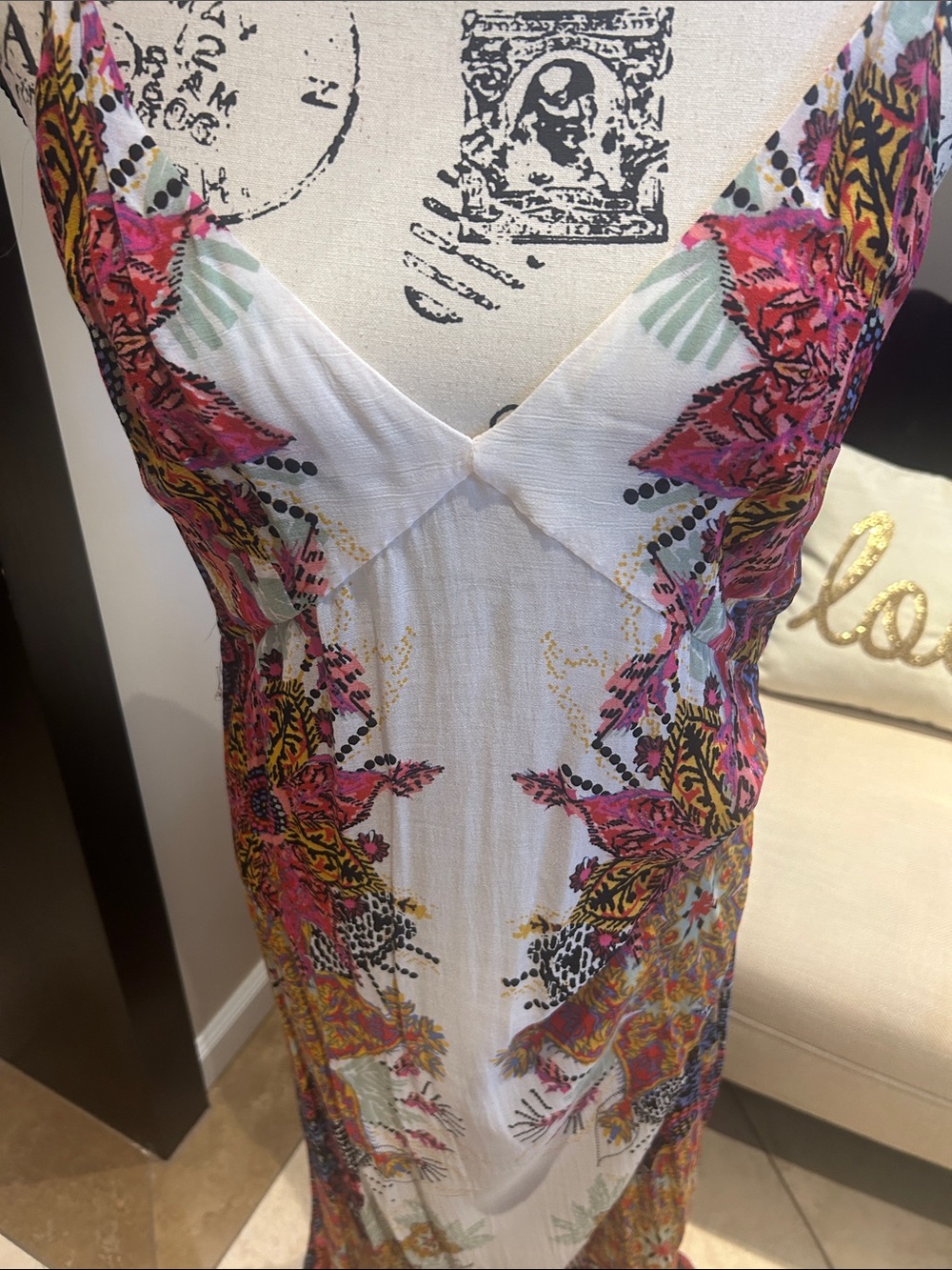 Free People White Maxi Dress with Pink, Yellow & Green Floral Print Slip Incl - Picture 2 of 5